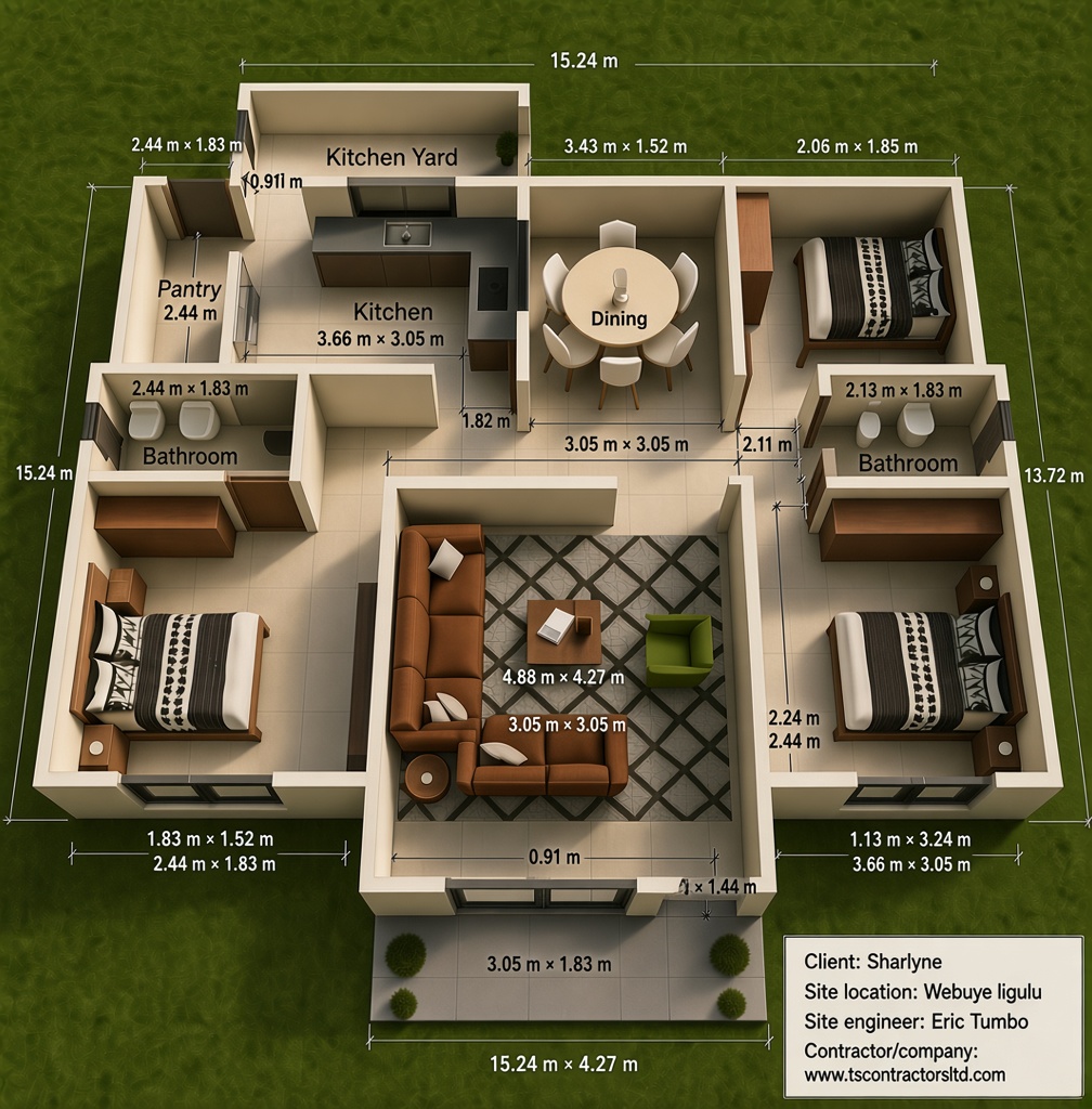 3 BEDROOM BUNGALOW HIPPED ROOF DESIGN LUGULU WEBUYE 