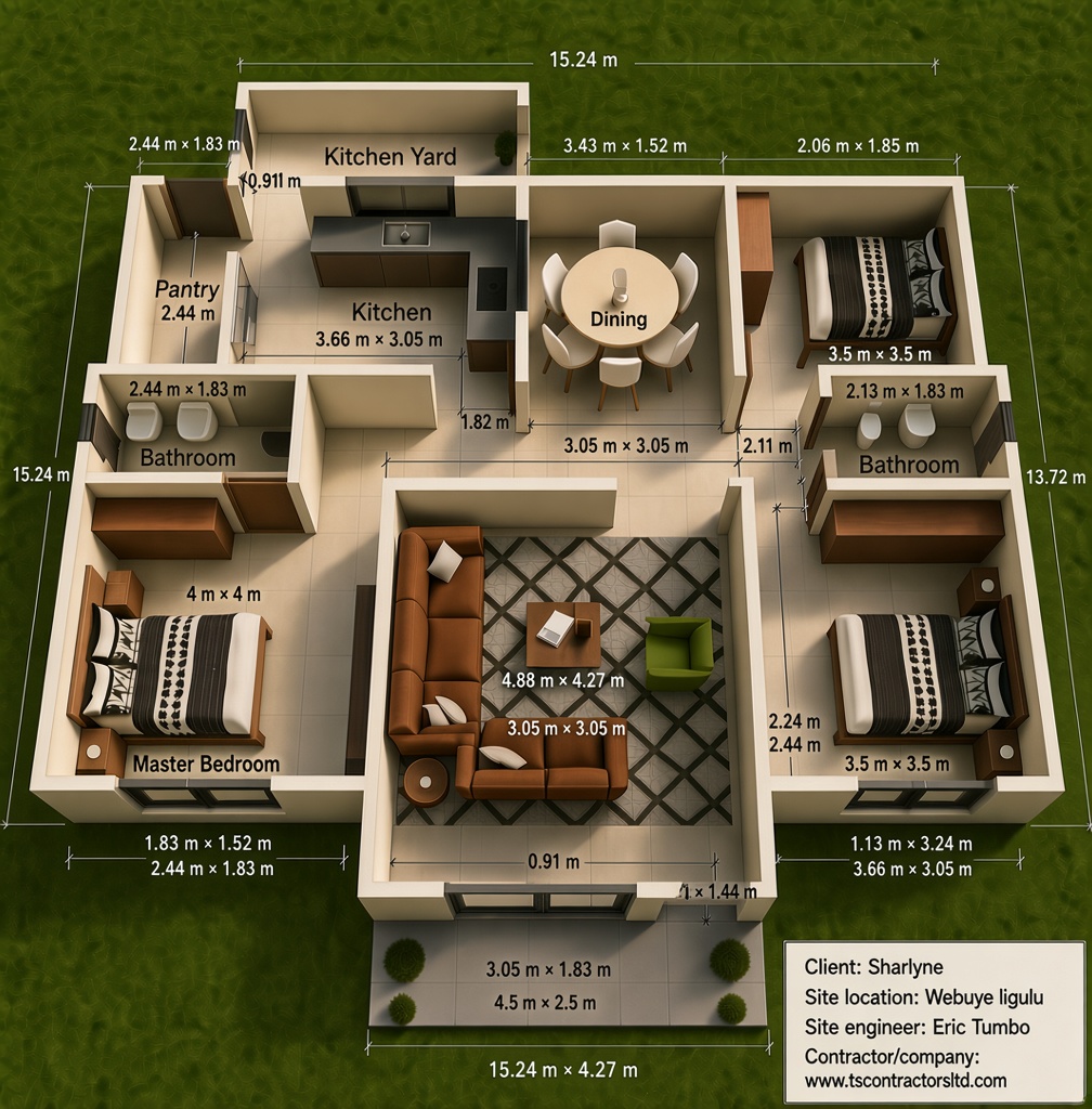 3 BEDROOM BUNGALOW HIPPED ROOF DESIGN LUGULU WEBUYE 